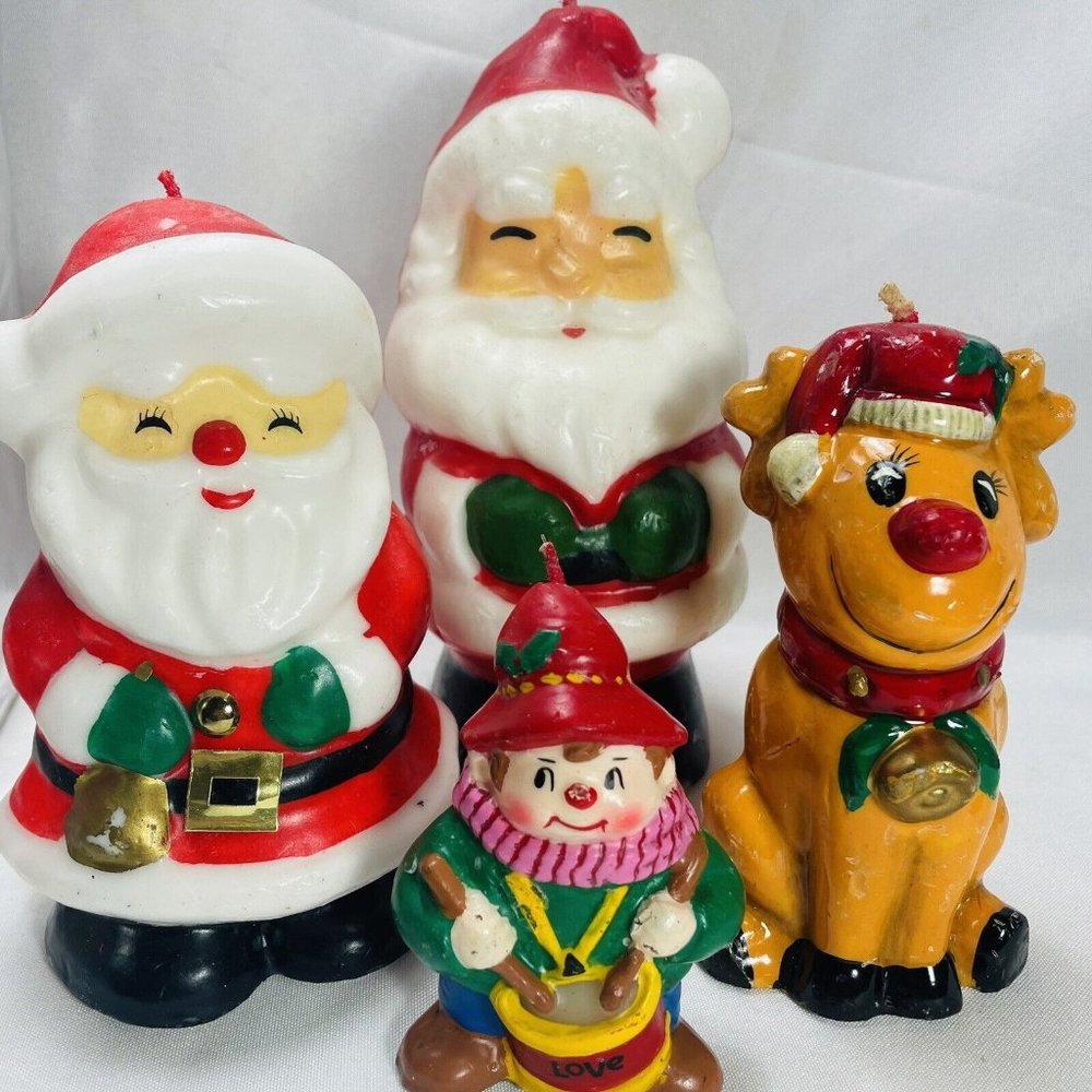 4 Vintage Lot  Includes 2 Santa’s, 1 Love Drummer, 1 Rudolph Wax UNUSED Candle